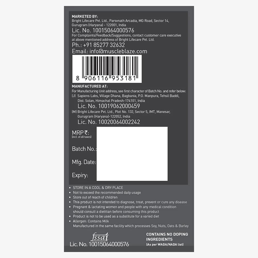 Biozyme Performance Whey nutrition facts panel