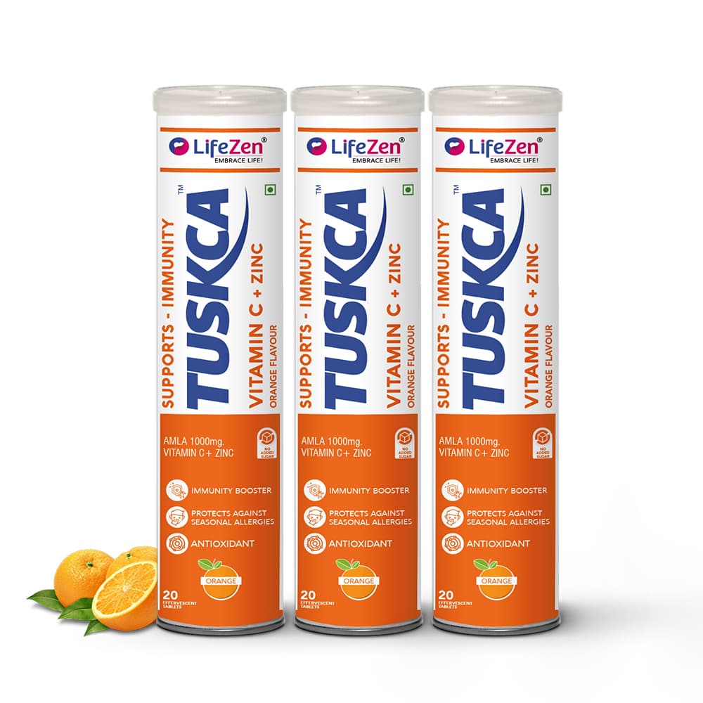Tuskca Vitamin C + Zinc 1000mg , Natural Amal Extract  Antioxidant, Immunity Booster , 20 Effervescent Tablet (pack Of 3) Orange Flavour